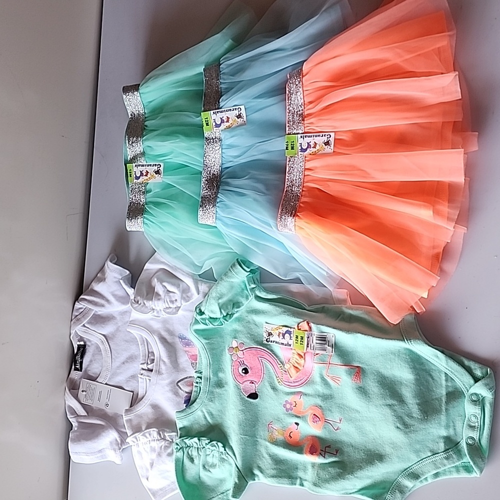 NWT. 6 Pieces, Sparkly 3 Tulle Elastic Skirts And 3 Tops Orange, Mint, & Blue.